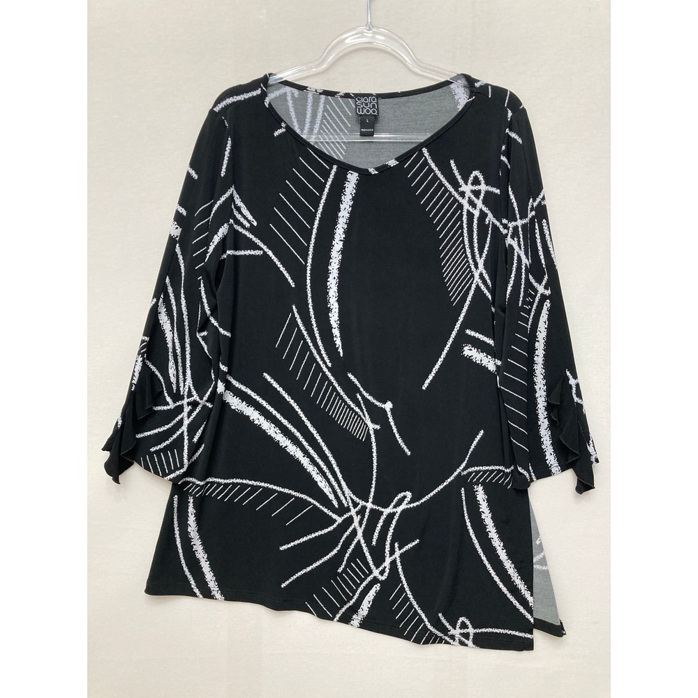 Clara Sun Woo Top Large Black White Abstract Ruffle Sleeve Asymmetric Side Slit